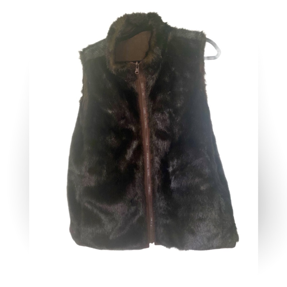 Faux Fur Lined Vest with Standup Collar and Zipper Front and Inside Pockets